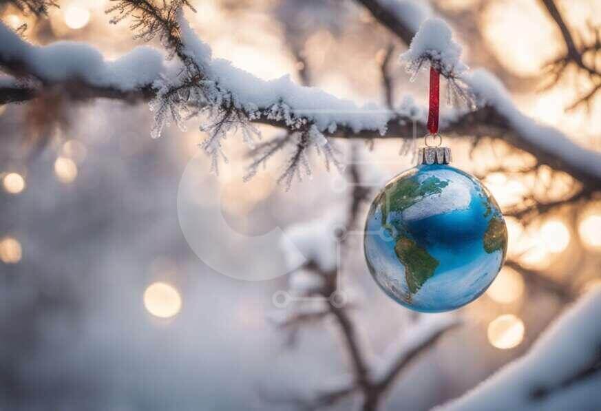 Winter Wonderland: Snowy Tree Branch with Globe Ornament stock photo ...