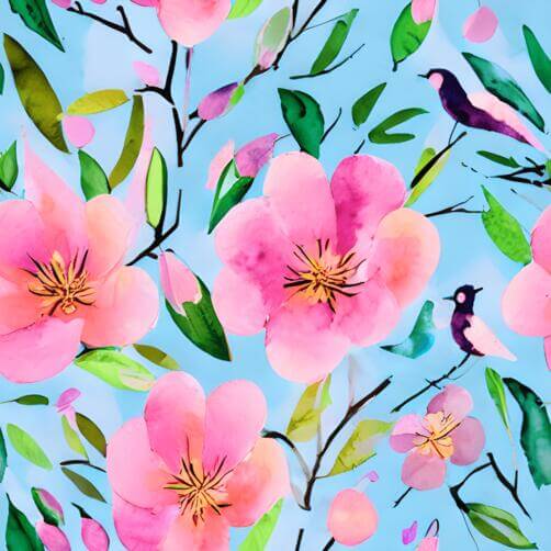 Watercolor Floral Pattern with Pink Flowers and Birds Watercolor Floral Pattern with Pink Flowers and Birds thumbnail
