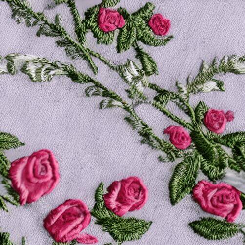 Embroidered Fabric with Pink Roses and Green Leaves Embroidered Fabric with Pink Roses and Green Leaves thumbnail