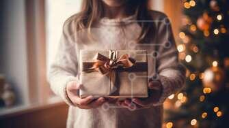 Belle Fille Tenant Un Cadeau Dans Une Boîte. Achetez Des Cadeaux