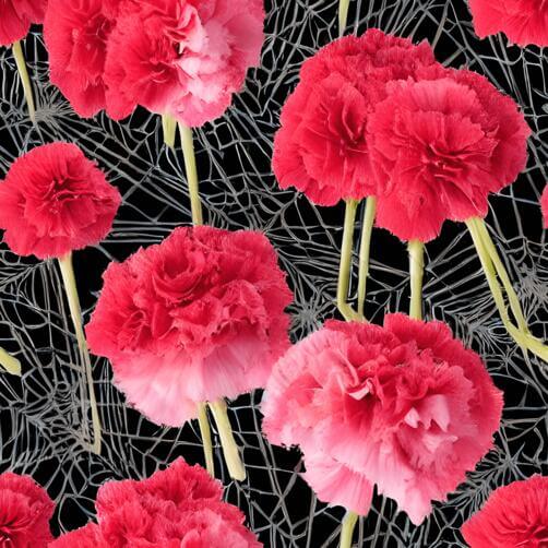 Pink Carnations Seamless Pattern on Black Background with Spider Webs Pink Carnations Seamless Pattern on Black Background with Spider Webs thumbnail