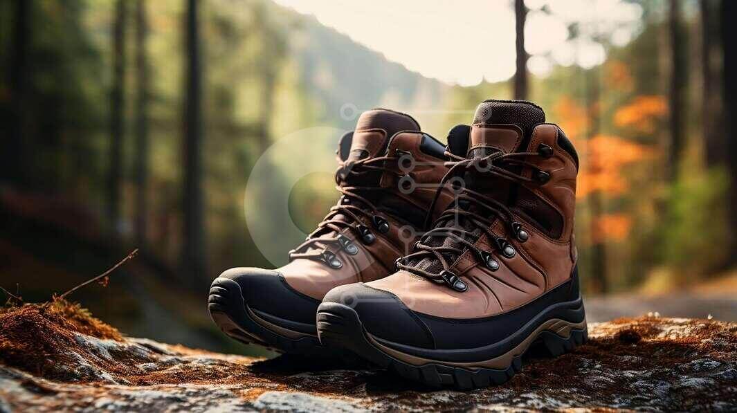 Brown Hiking Boots on a Rock in the Forest stock photo | Creative Fabrica