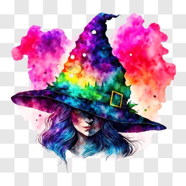 Download Watercolor Painting of a Girl with Rainbow Witch Hat PNGs ...