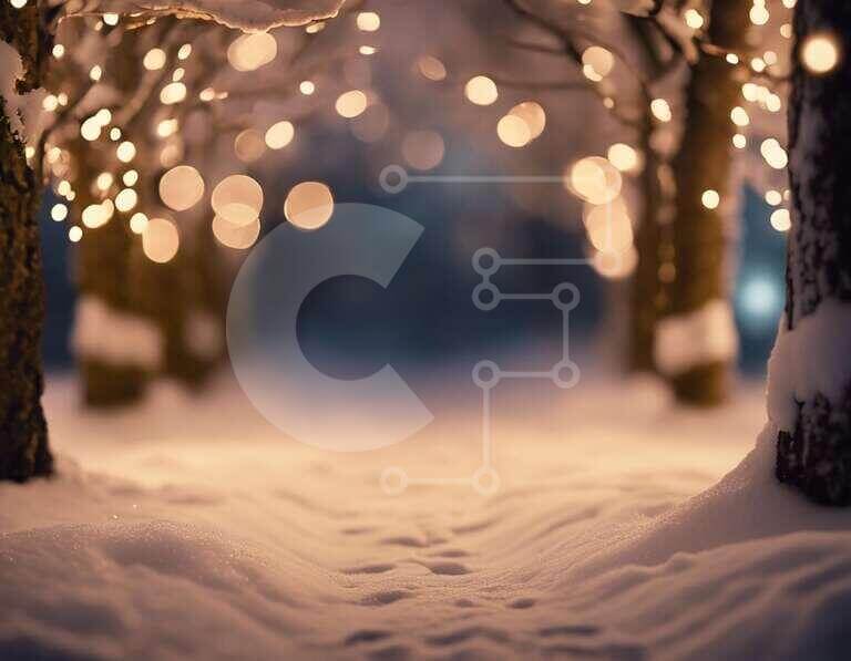 Winter Wonderland: Snowy Path with Lit Trees stock photo | Creative Fabrica