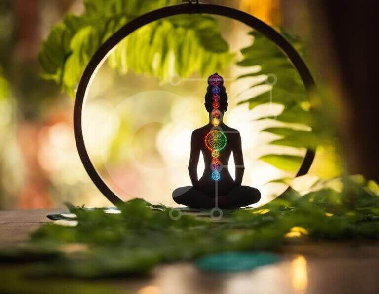 Meditating Buddha Statue with Chakras and Green Leaves stock photo ...