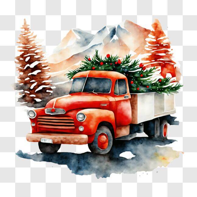 Download Festive Christmas Truck with Tree in Snowy Mountains PNG ...