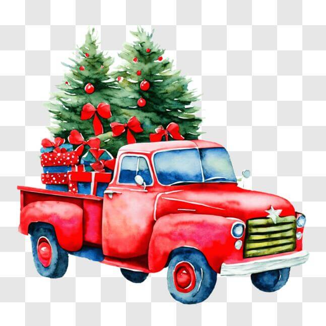 Download Festive Red Truck with Christmas Trees and Gifts PNG Online ...