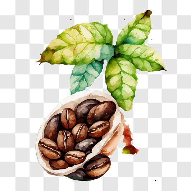 Download Coffee Beans and Leaves Watercolor Painting PNG Online ...