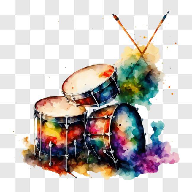 Download Watercolor Painting of Drums and Drumsticks with Splashes of ...