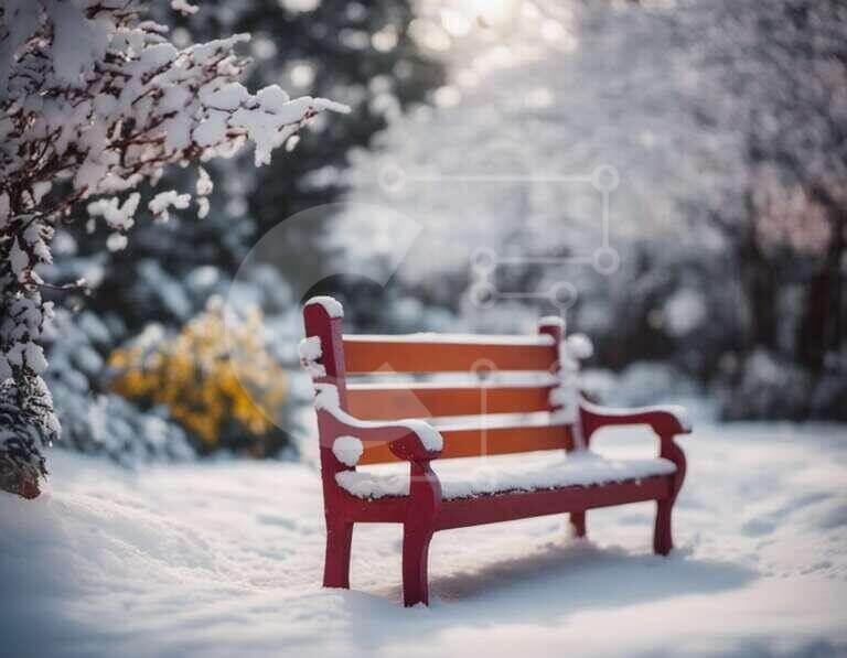 Winter Beauty: Red Park Bench Covered in Snow stock photo | Creative ...