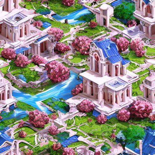 Abstract Seamless Pattern of Buildings, Trees, Flowers, and Water Abstract Seamless Pattern of Buildings, Trees, Flowers, and Water thumbnail