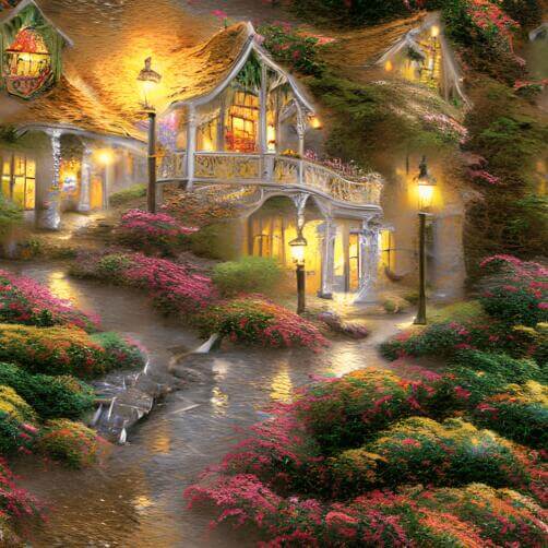 Idyllic Village Painting with Colorful Flowers and Lights Idyllic Village Painting with Colorful Flowers and Lights thumbnail