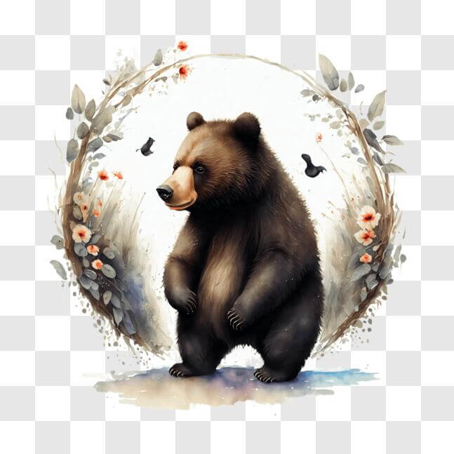 Download Brown Bear Standing in Circle Frame with Flowers and Birds ...