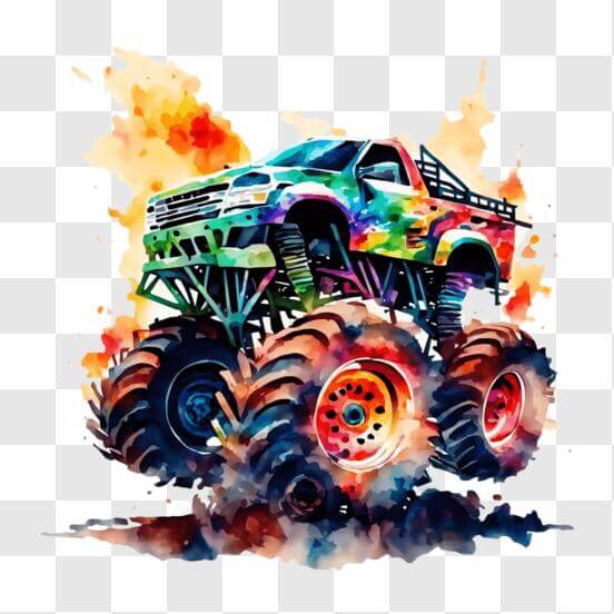 Download Colorful Monster Truck In The Air With Watercolor Splashes 