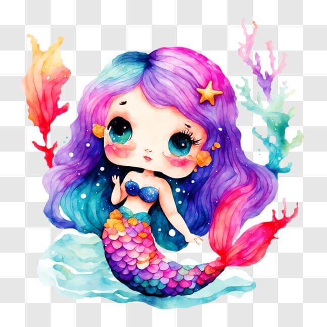 Download Cute Little Mermaid with Colorful Hair and Underwater Starfish ...
