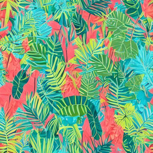 Seamless Tropical Leaves Pattern in Pink, Green, Blue, and Yellow Seamless Tropical Leaves Pattern in Pink, Green, Blue, and Yellow thumbnail