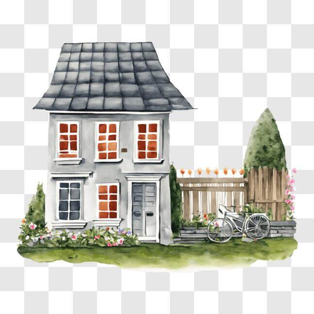 Download Watercolor painting of an old house with flowers and a bicycle ...