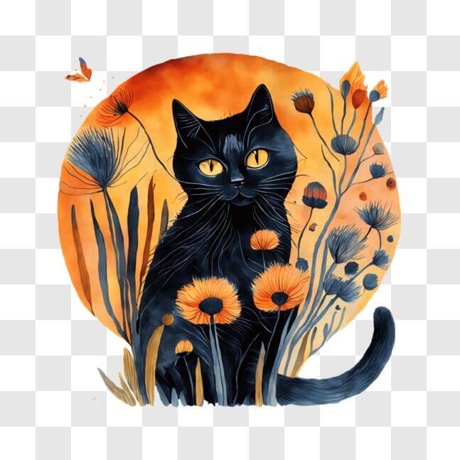 Download Black Cat Among Flowers with Orange Background PNGs Online ...