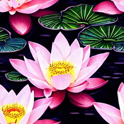 Pink Lotus Flowers on Black Background with Lily Pads Pink Lotus Flowers on Black Background with Lily Pads thumbnail