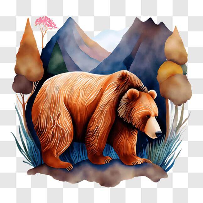 Download Brown Bear in the Forest with Trees and Mountains PNGs Online ...