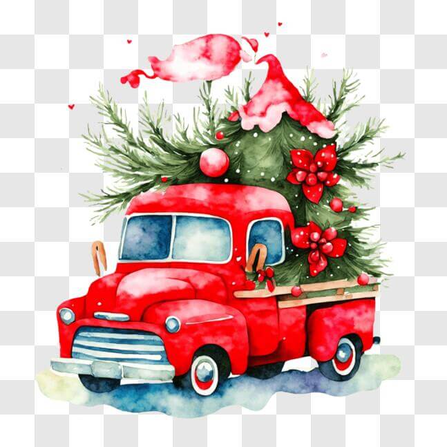 Download Festive Red Truck with Christmas Tree Decoration PNG Online ...