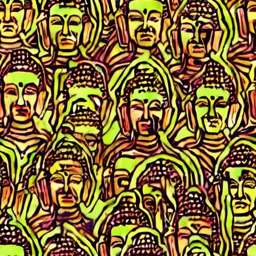 Gruppe von Buddha-Köpfen in Grün, Gelb und Orange Gruppe von Buddha-Köpfen in Grün, Gelb und Orange thumbnail