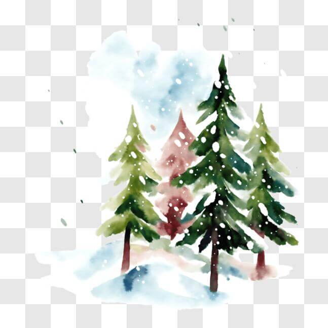 Download Snowy Forest Watercolor Painting with Two Pine Trees PNG ...