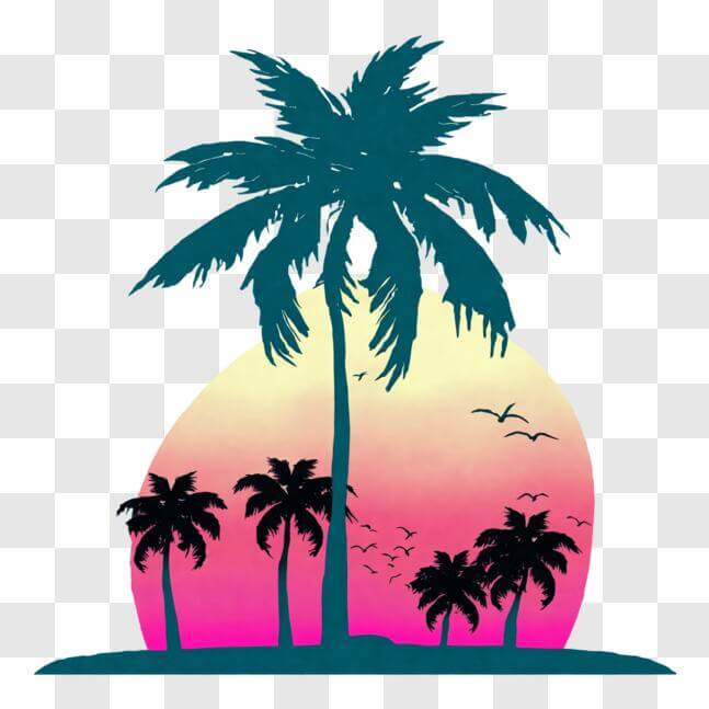 Download Tropical Sunset with Silhouetted Palm Tree and Flying Birds ...