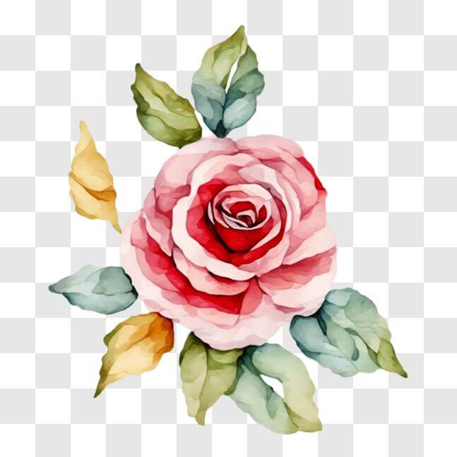 Download Watercolor Painting of a Pink Rose with Green Leaves PNGs ...
