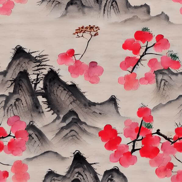 Download Asian-inspired painting of mountains, trees, and flowers ...