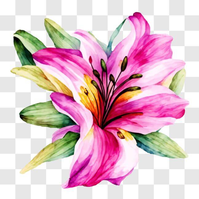 Download Watercolor Floral Artwork: Pink Flower with Green Leaves PNGs ...
