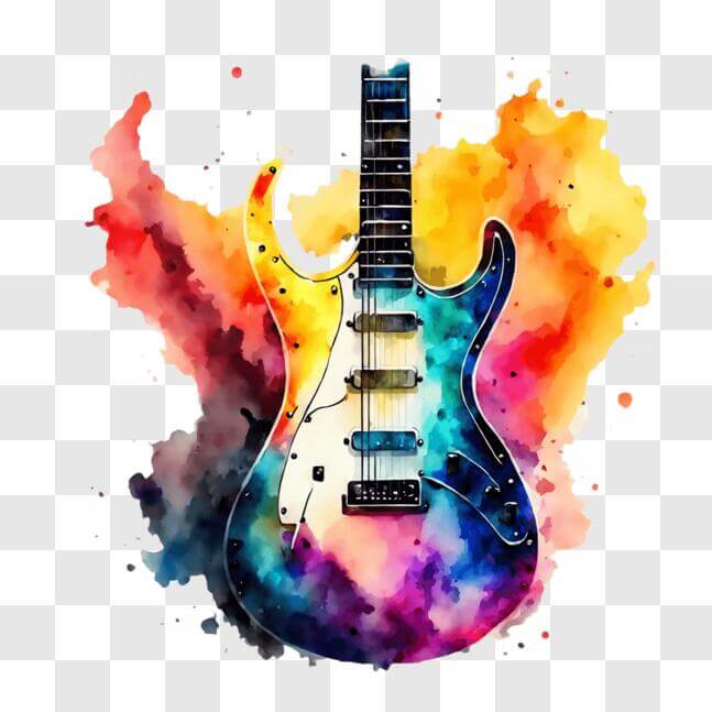 Download Colorful Electric Guitar with Watercolor Paint Splatters PNG ...