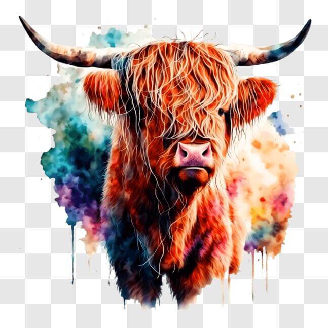 Download Colorful Painting of Highland Cow with Long Horns PNGs Online ...
