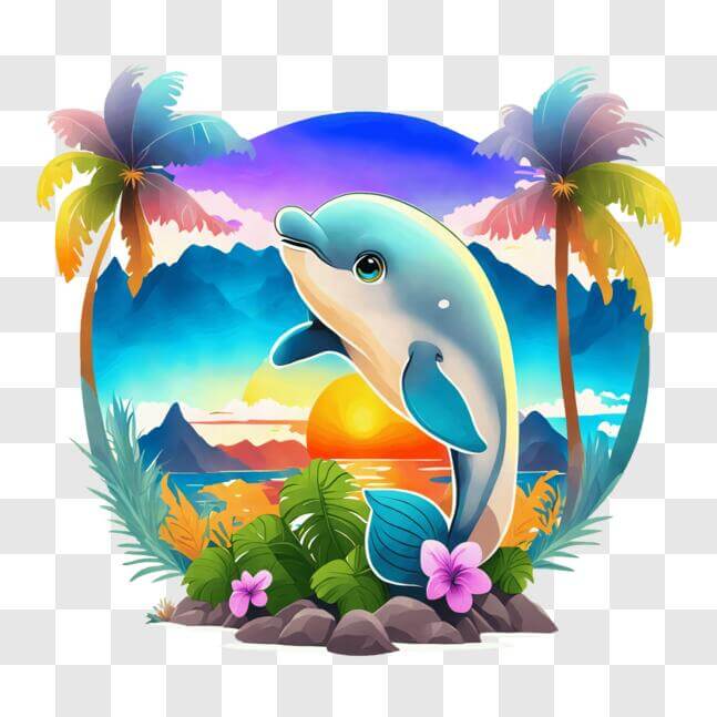 Download Dolphin swimming in the ocean with palm trees and flowers PNGs ...