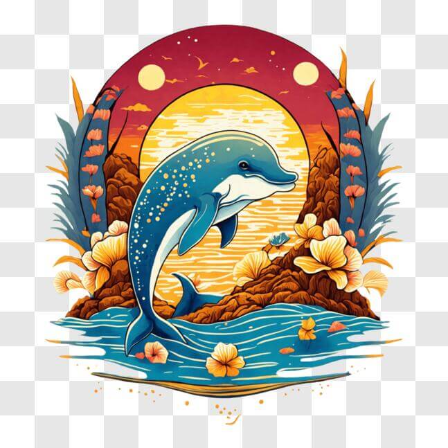Download Dolphin Swimming in Ocean with Sunset and Flowers PNGs Online ...