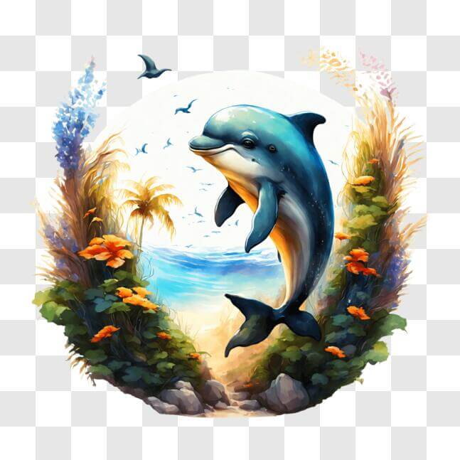 Download Dolphin swimming in the ocean surrounded by plants and flowers ...
