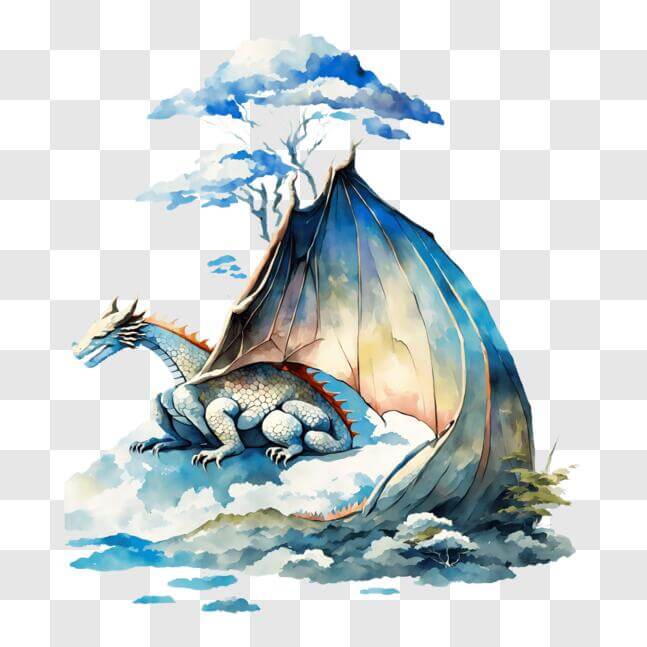 Download Blue and White Dragon on an Island with Trees and Mountains ...