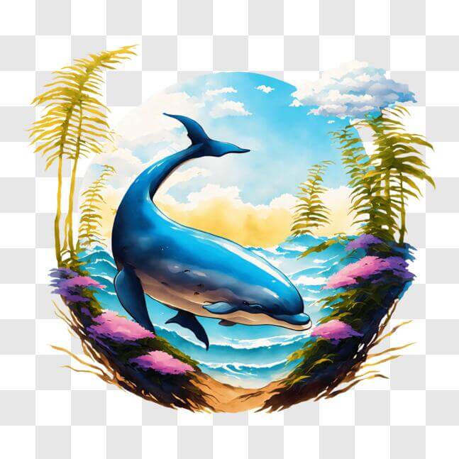 Download Blue Dolphin Swimming in the Ocean with Surrounding Trees and ...