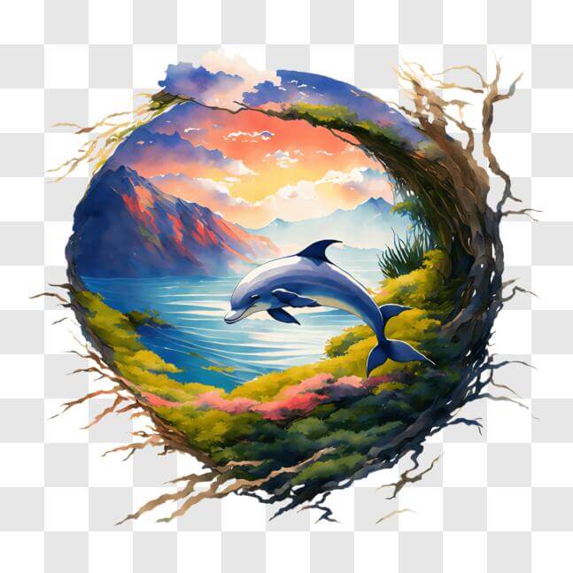 Download Dolphin Swimming in the Ocean with Trees and Mountains PNGs ...