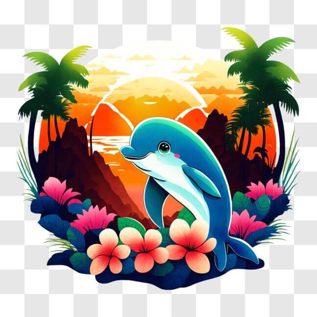 Download Dolphin Swimming in the Ocean with Tropical Flowers and Palm ...