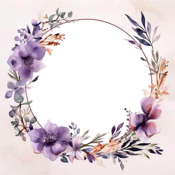 Download Round Floral Frame with Purple Flowers and Green Leaves ...