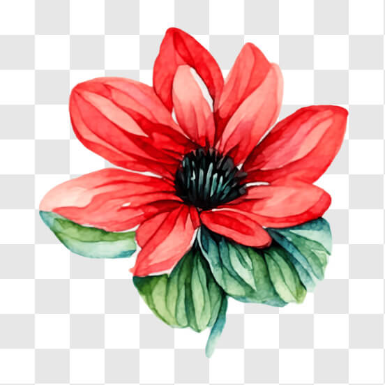Watercolor Painting of a Red Flower with Green Leaves