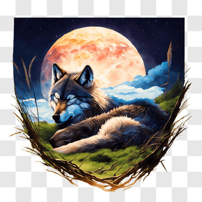 Download Wolf resting under the full moon in a grassy meadow PNGs ...