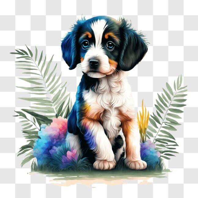 Download Adorable Puppy Sitting in Grass with Colorful Leaves PNG ...