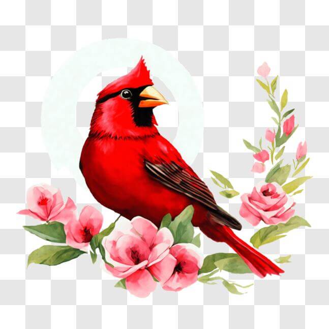 Download Beautiful Red Cardinal resting on a bed of pink flowers PNG