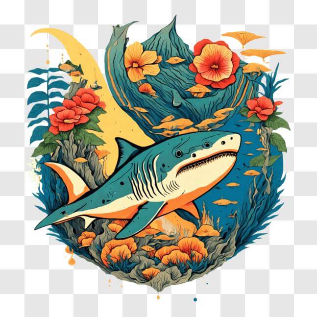 Download Colorful Shark in Ocean with Flowers and Plants PNG Online ...
