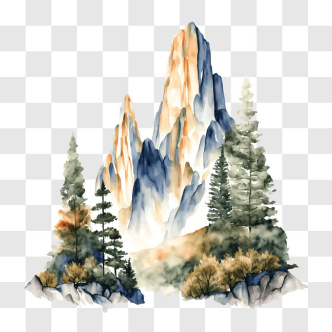 Download Watercolor Landscape: Mountains and Trees PNG Online ...