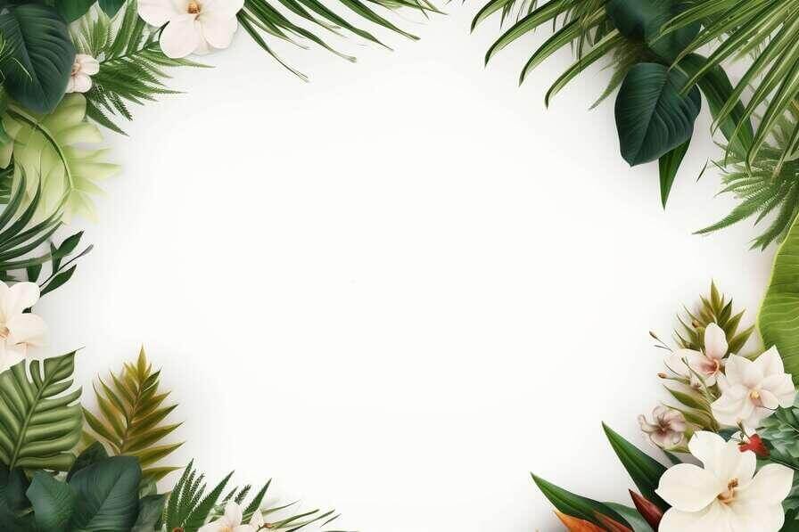 Download Tropical Frame with Flowers and Green Leaves on White ...