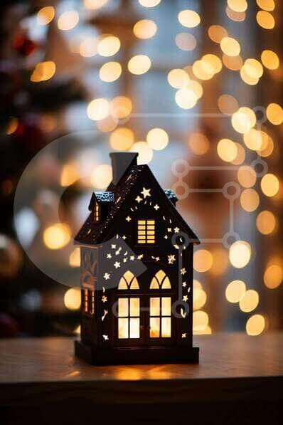 Christmas Tree with House-shaped Lantern stock photo | Creative Fabrica