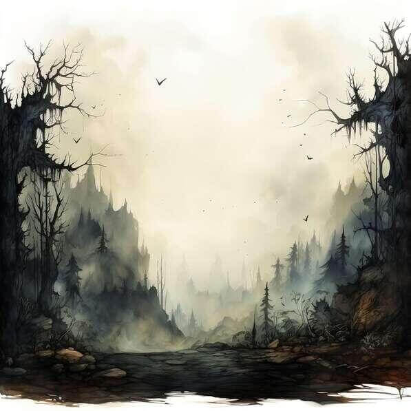 Download Dark Foggy Forest Landscape with Trees and Birds Backgrounds ...